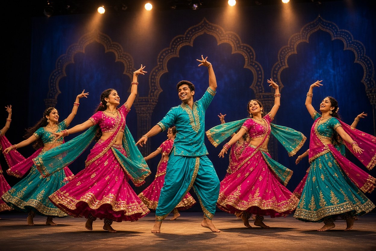 Young Indian dancers performing an energetic Bollywood routine on a grand stage in teal and gold costumes