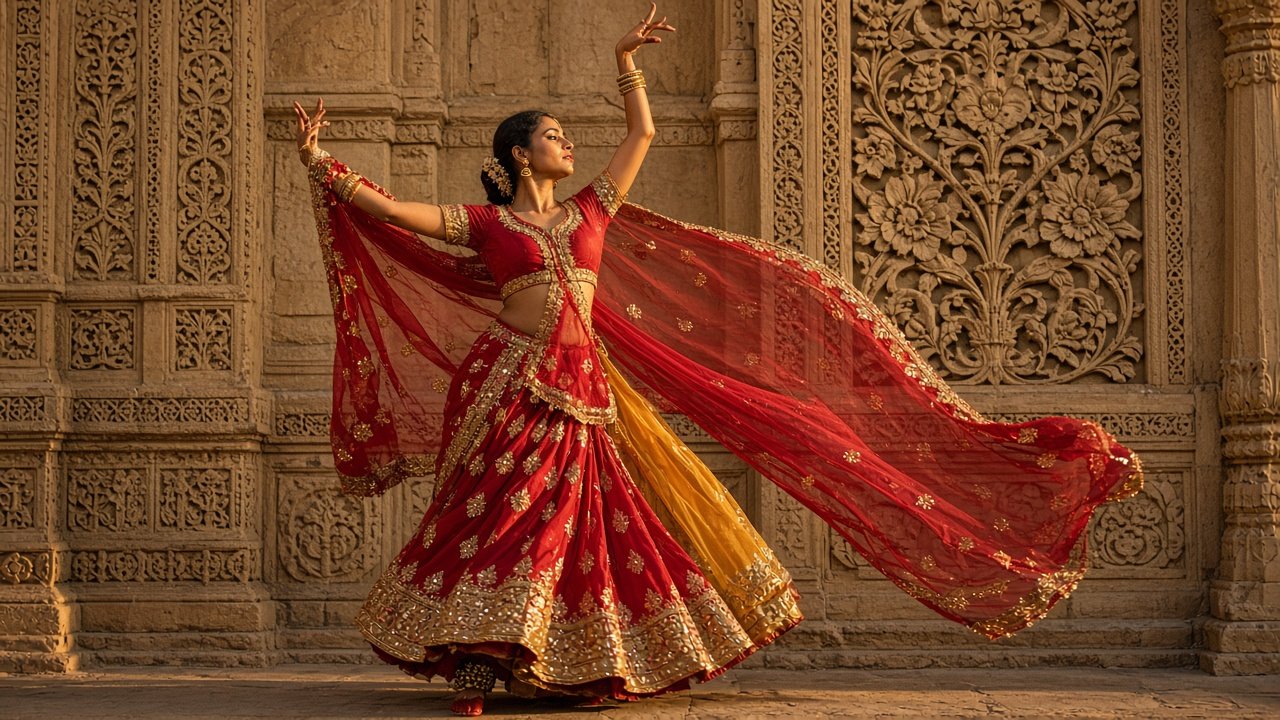 A young Indian dancer with flowing red and gold fabric dancing before a carved Rajasthani haveli wall