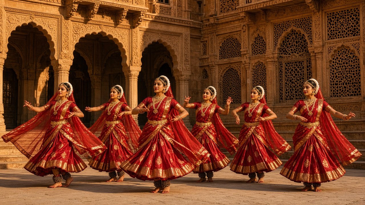 Indian classical dancers in red and gold costume performing in a coordinated formation in a Rajasthani palace courtyard