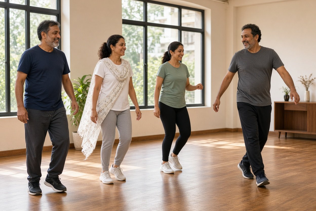 Adults learning simple dance steps in a studio with an instructor demonstrating