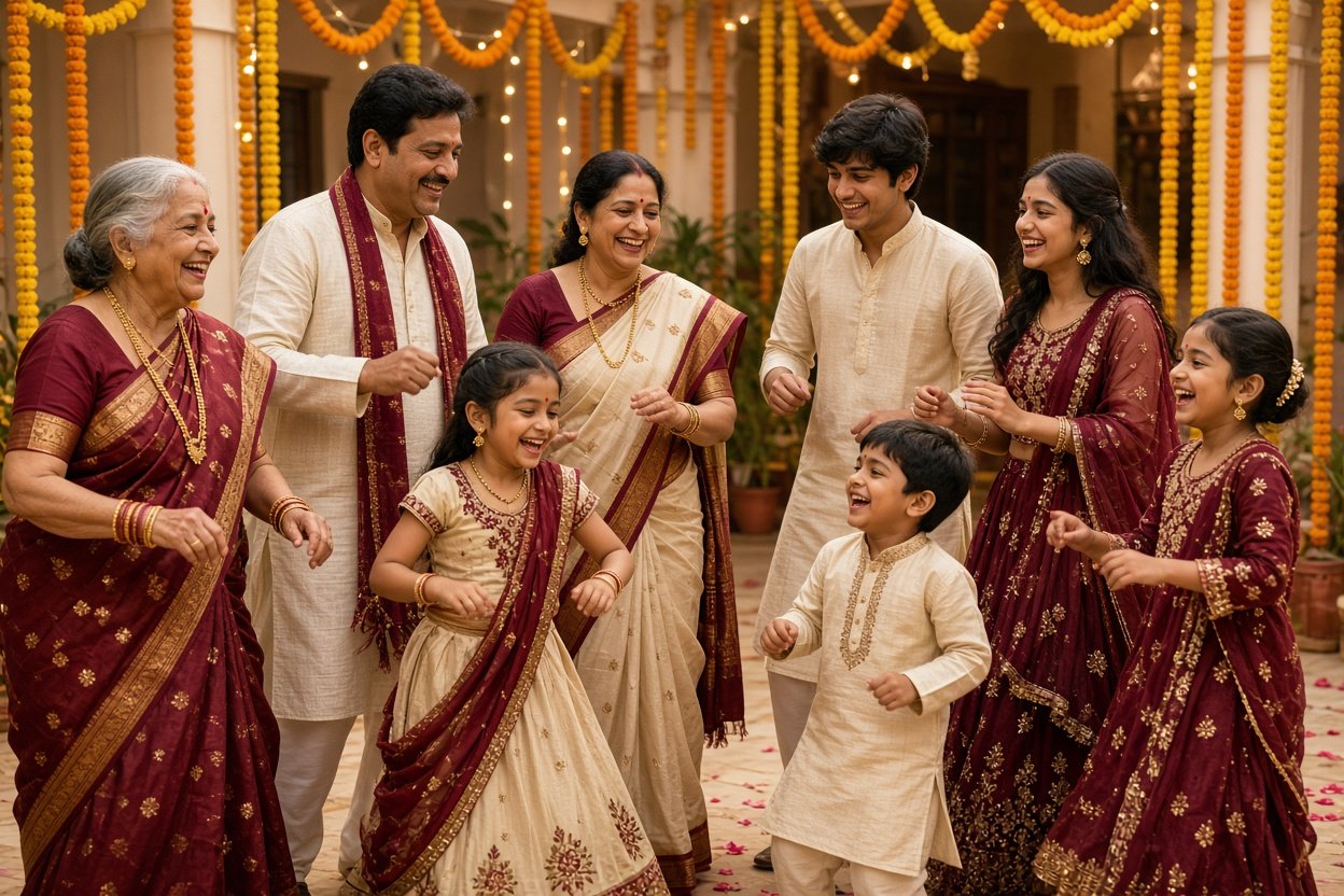 Indian extended family dancing together during a festive celebration